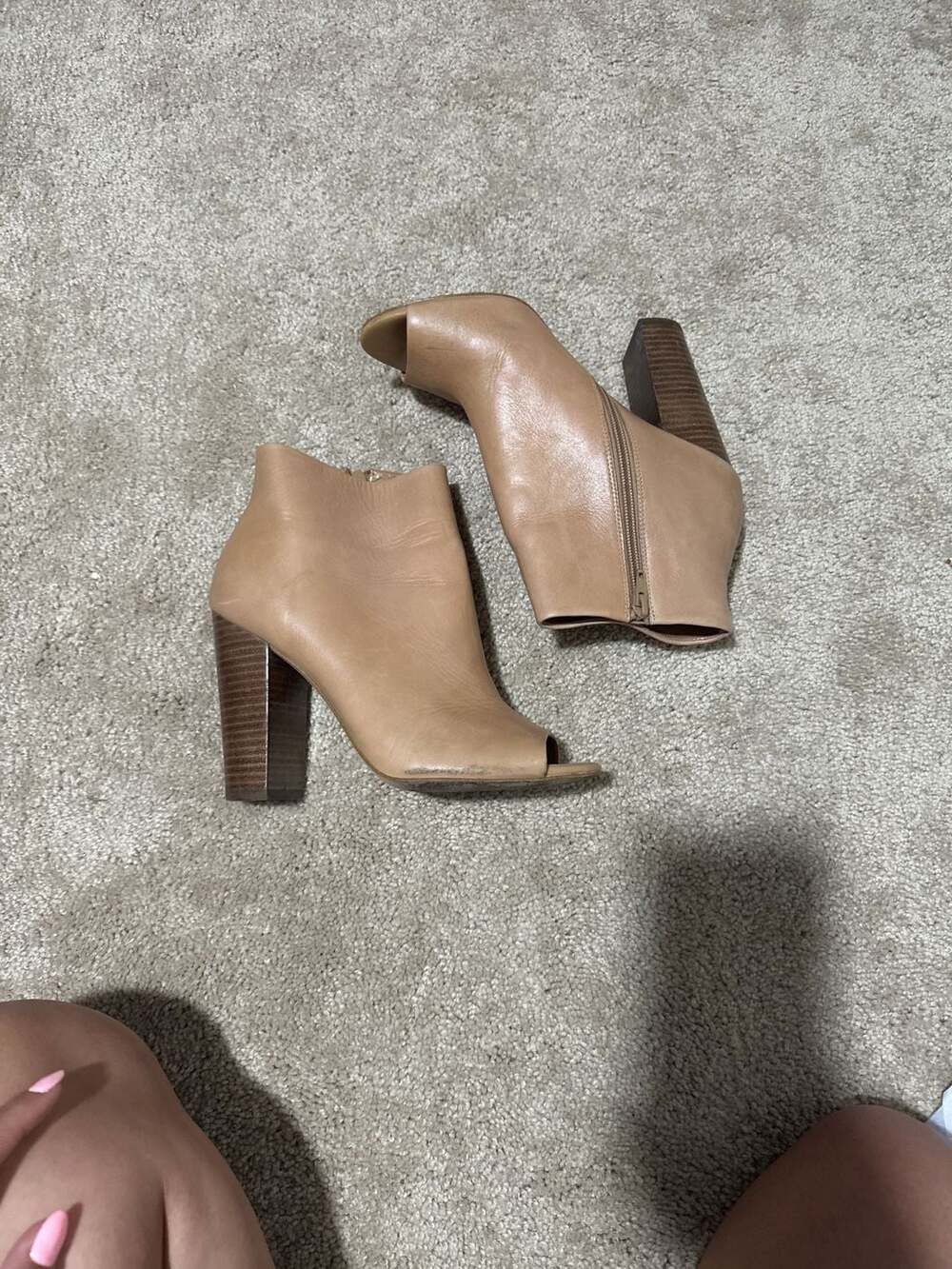 ALDO Women's Tan Leather Peep Toe Chunky Heel Booties